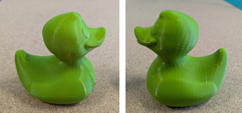 3D printed ducks showing surface quality at max and normal print speeds